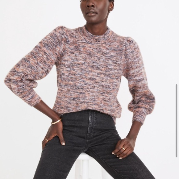 Madewell Space Dyed Eaton Puff Sleeve Pullover Sweater Marled Plum fuzzy knit - Picture 1 of 4